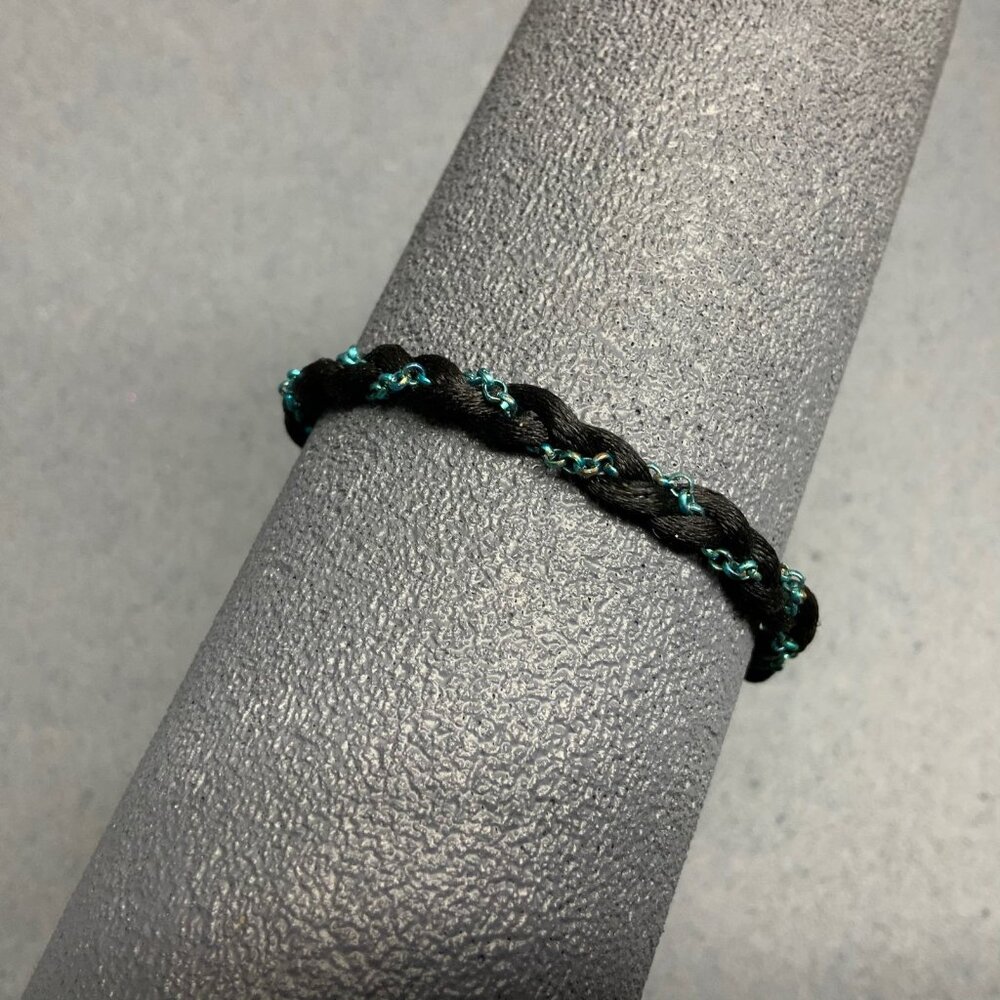 Braided Black Cord Bracelet 7 In Blue Sparkle Silver Chain Simple Classic Retro
